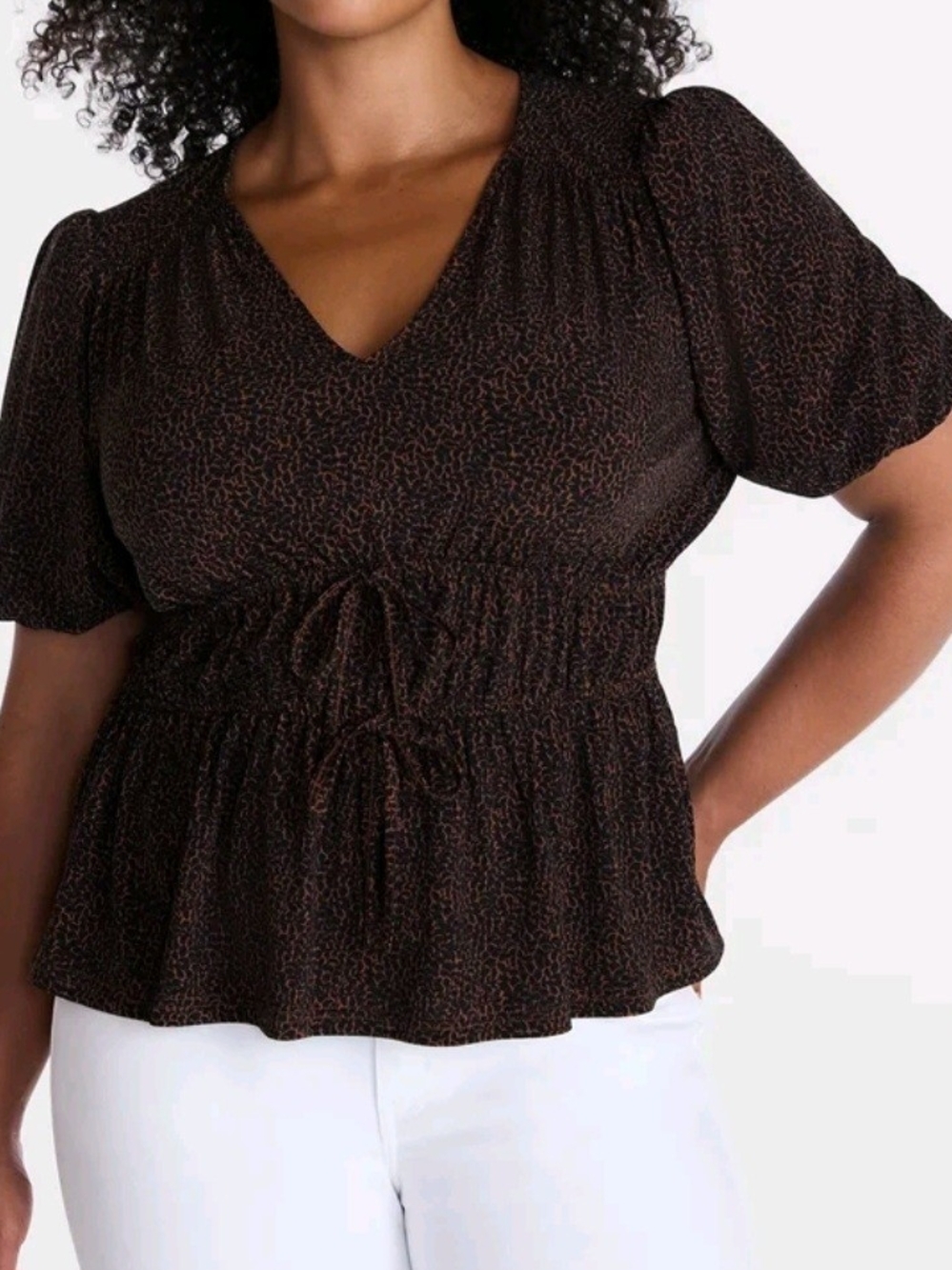 Time & Tru. V-Neck Smocked Waist Peplum Top in Dark Brown Print. Size XXXL. NWT.